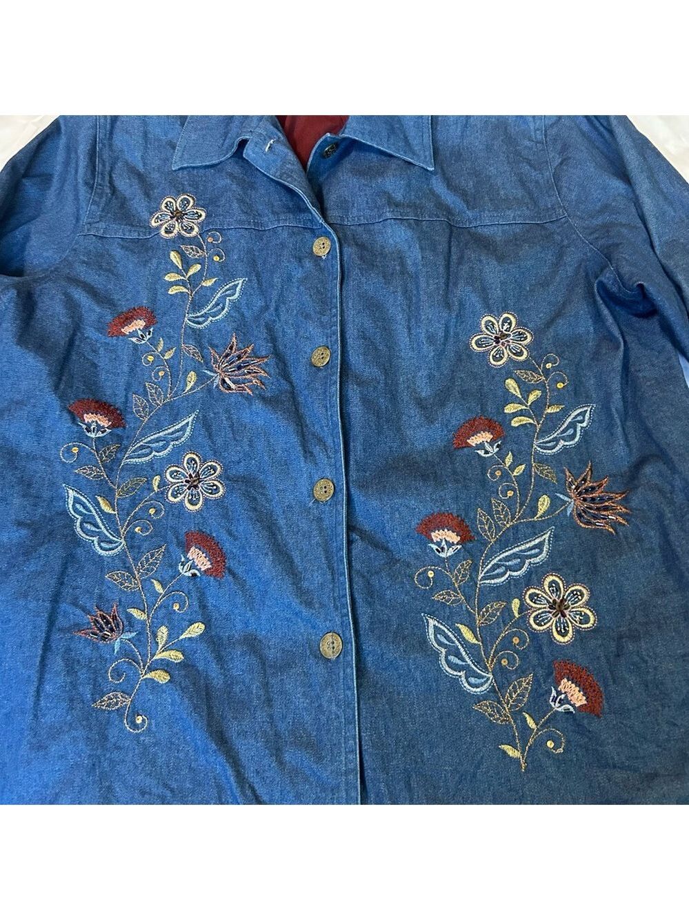 Alfred Dunner Chambray Denim Jacket 16W Blue Floral Embroidered Hippie Cottage - Picture 4 of 15